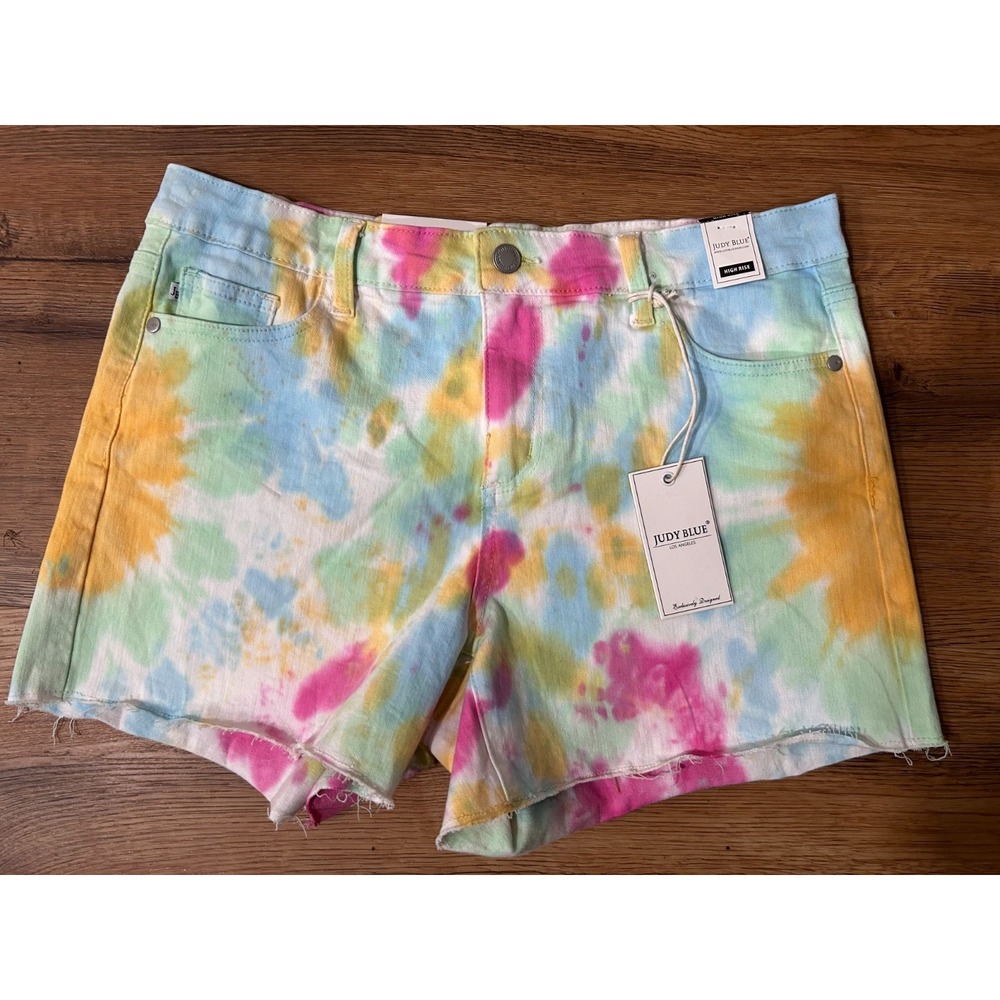 Judy Blue Shorts Rainbow Tie Dye Denim Raw Hem Cutoff High Waist Stretch L NEW!
